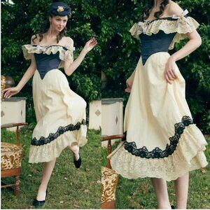 LaceMade- Blue and Cream Off Shoulder Ruffle CanCan Corset Maxi Dress Size XS